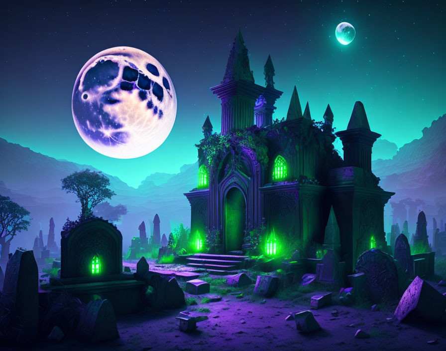 Fantasy cemetery with glowing green lights and ominous mausoleum at night