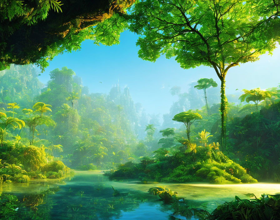 Lush Green Jungle with River and Sunlight Filtered Canopy