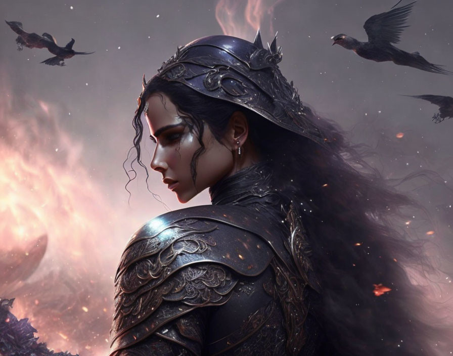 Warrior woman in black armor with crows in fiery setting