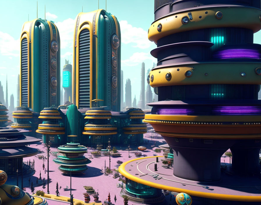 Futuristic cityscape with tall buildings and vibrant lights