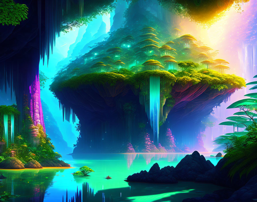 Fantasy landscape with inverted mountain, lush green foliage, waterfalls, and turquoise lake.