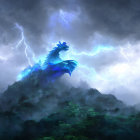 Blue dragon perched on craggy cliffs under stormy sky with lightning.