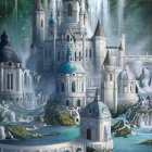 Fantasy castle with soaring towers on cliff with waterfalls and lush greenery