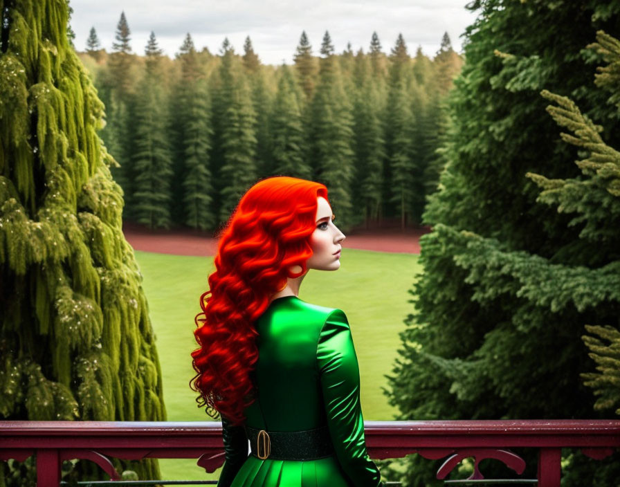 Red-haired woman in green dress on balcony overlooking forested area
