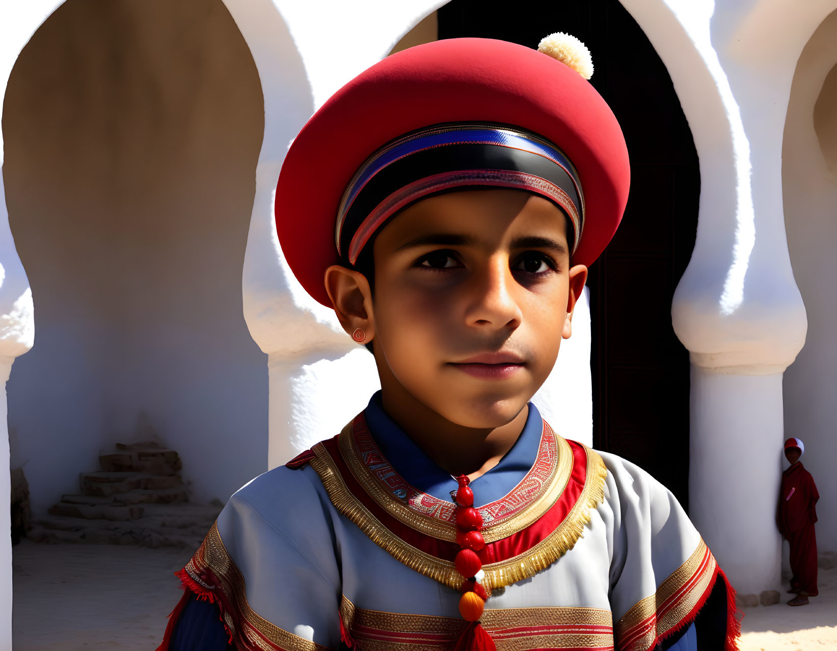 Traditional Attired Boy in Red Hat and Vest in Sunlit Courtyard