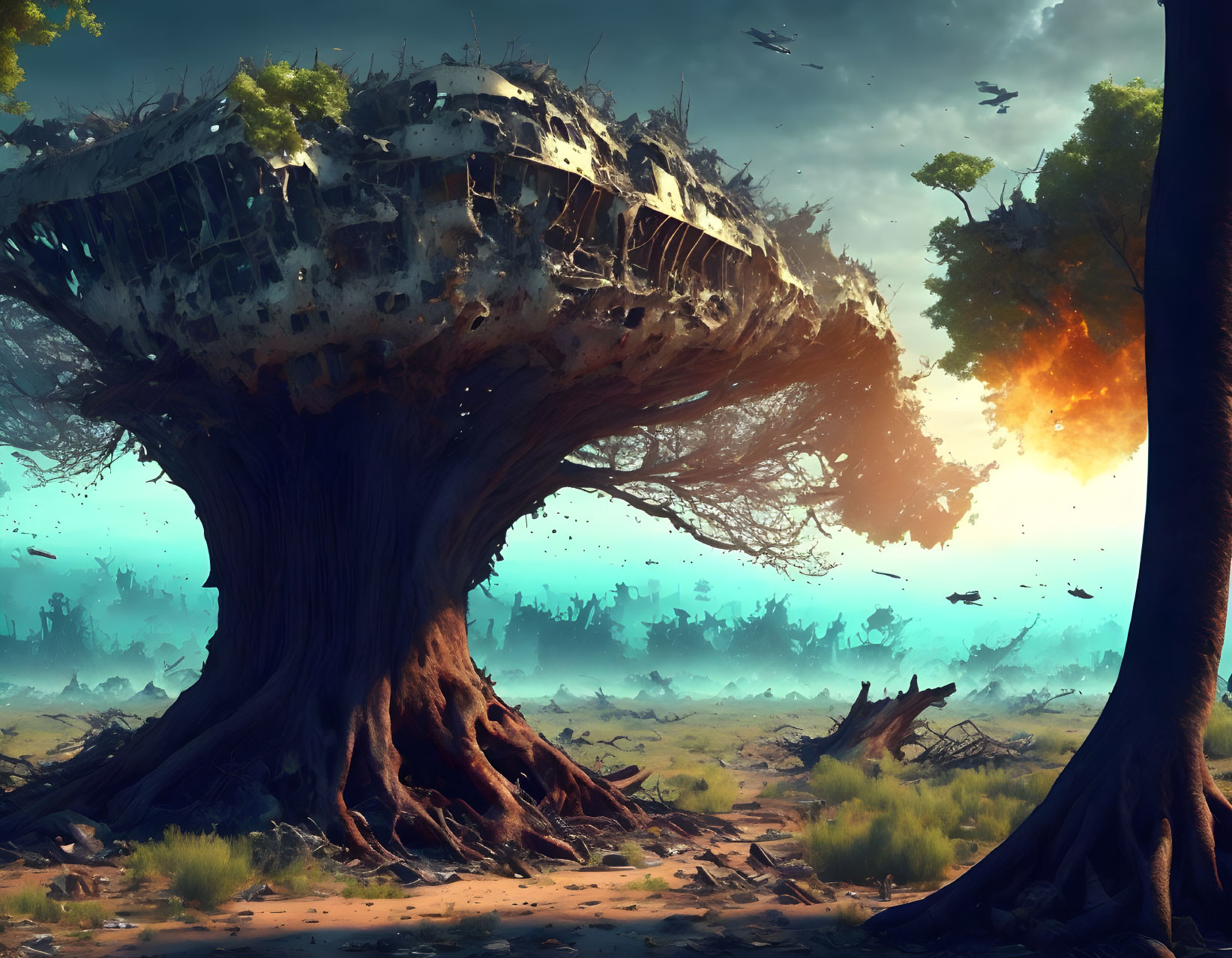 Ancient tree with spaceship in mystical forest, birds flying, blue haze