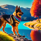 German Shepherd Dog Overlooks Tranquil Lake with Autumn Trees