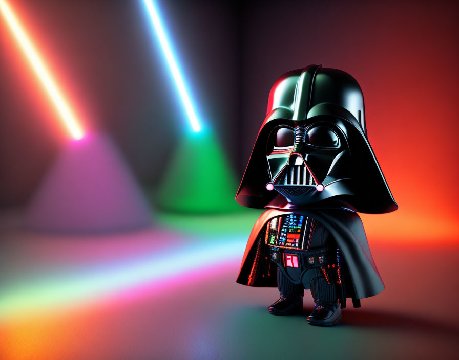 Stylized Darth Vader illustration with colorful lightsabers.