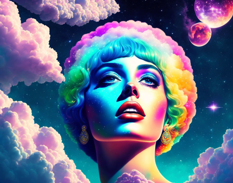 Colorful portrait of woman with multicolored hair and makeup in cosmic setting