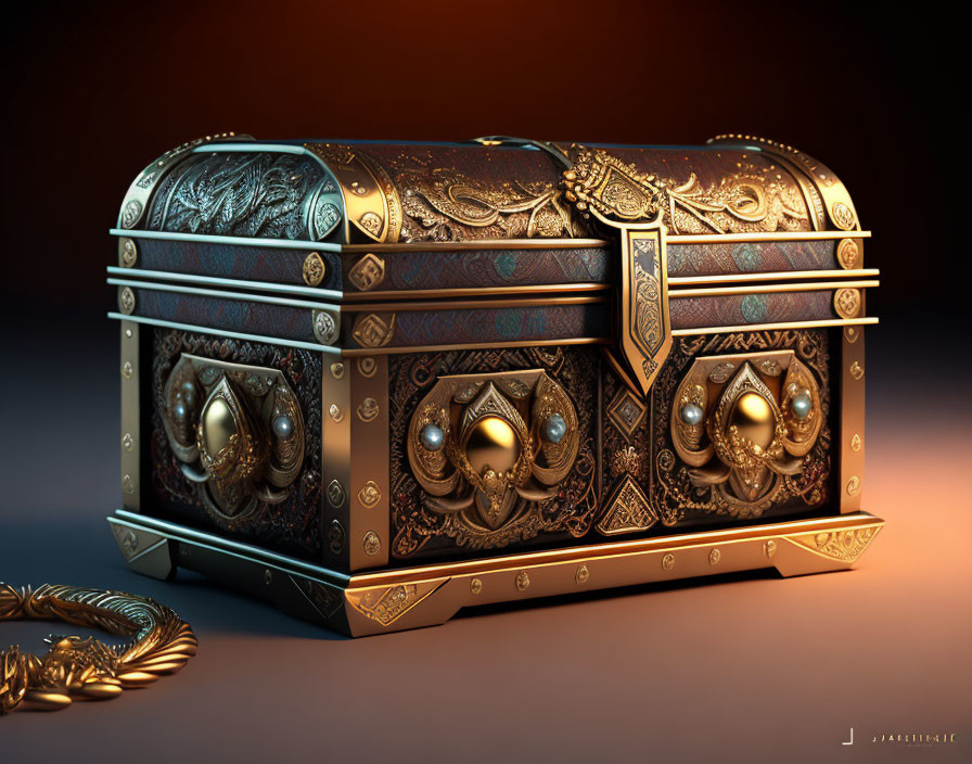 Intricately designed ornate treasure chest with golden accents and detailed patterns