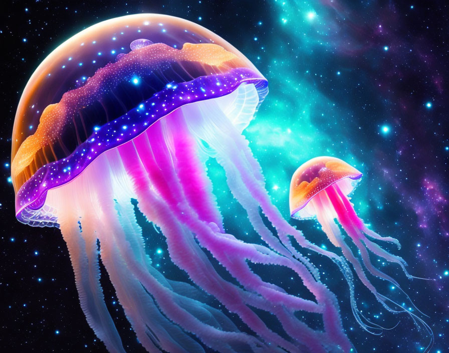 Colorful digital artwork: Two jellyfish in cosmic setting