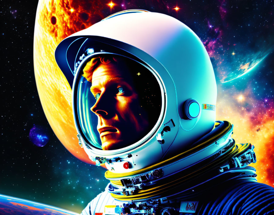 Astronaut in reflective helmet staring at vibrant space scene