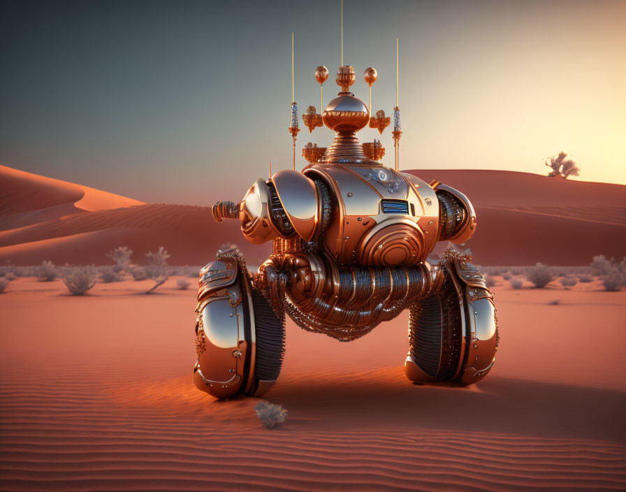 Steampunk-inspired robot in desert with rolling dunes