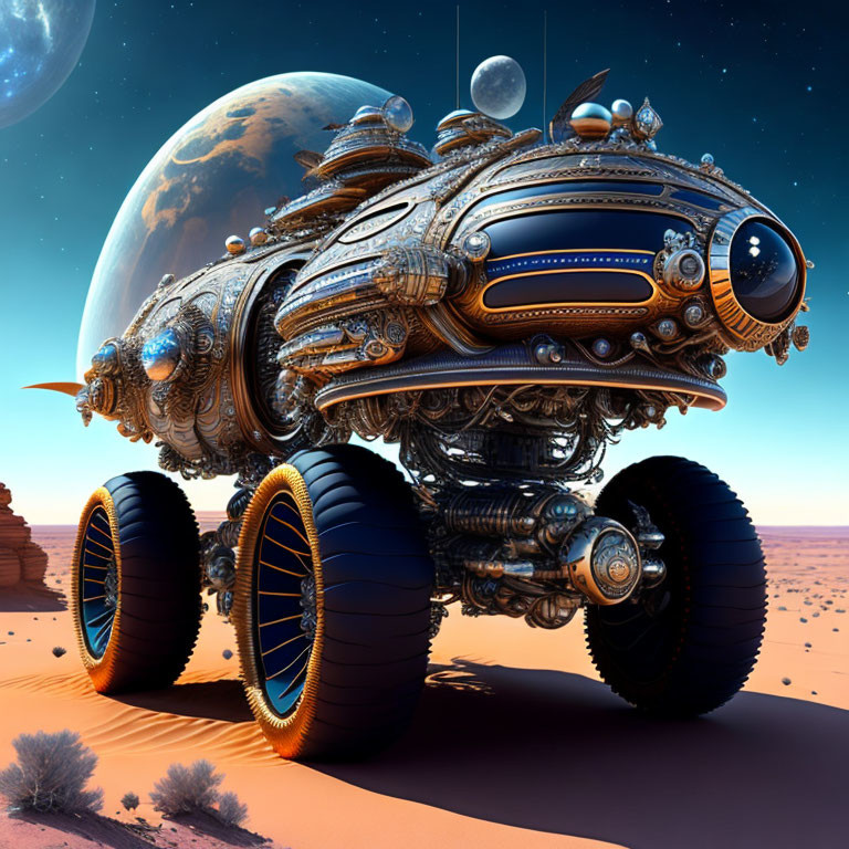 Ornate steampunk vehicle in desert landscape under large moon