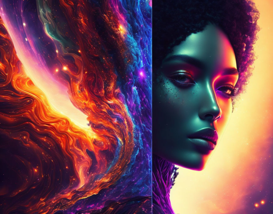 Colorful digital artwork featuring cosmic galaxy scene and woman with dark skin and afro hair.