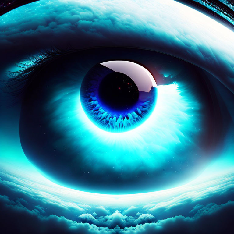 Close-up of blue human eye reflecting clouds for surreal look