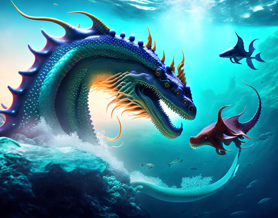 Colorful underwater scene with mythical sea dragons and manta ray silhouette