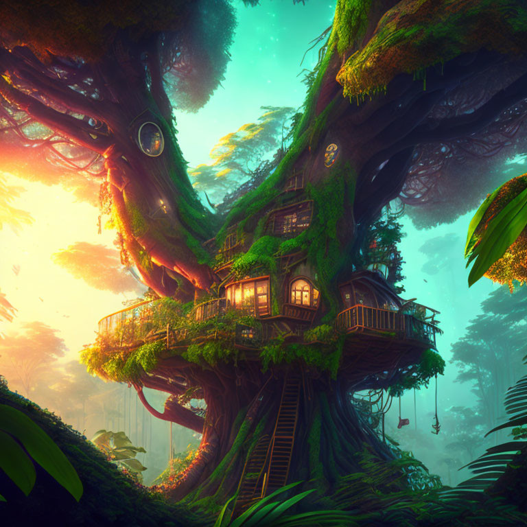 Enchanting treehouse in giant tree amidst misty forest