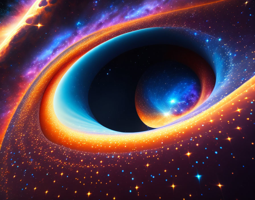 Colorful digital artwork of swirling black hole with stars and nebulae in blue, orange, and