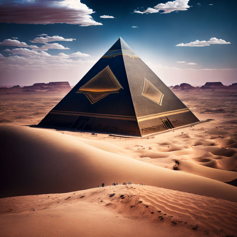 Futuristic pyramid with golden insets in vast desert under dramatic sky