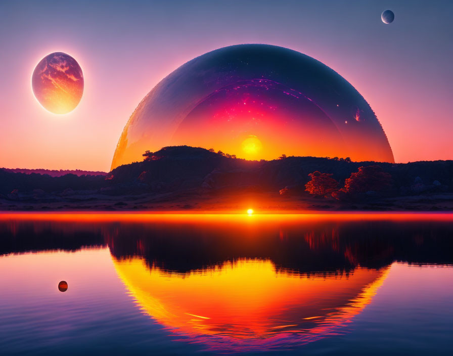 Sci-fi landscape with large planet over serene lake at sunset