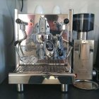 Vintage Espresso Machine with Brass and Silver Accents on Wooden Table