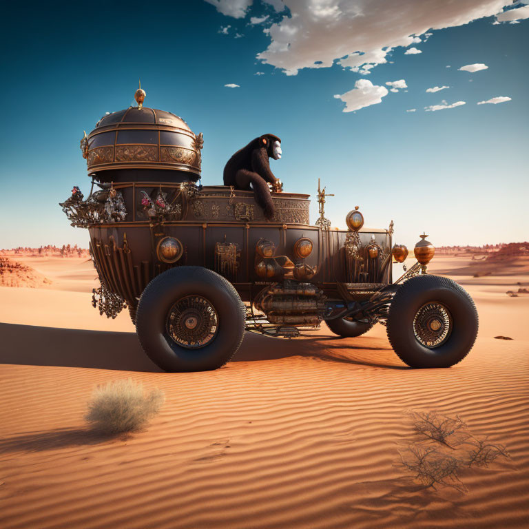 Person in Gorilla Suit Driving Steampunk Vehicle in Desert Landscape