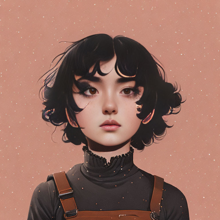 Digital artwork: Young person with dark curly hair, freckles, turtleneck, harness on