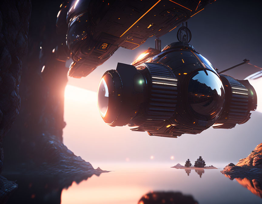 Futuristic spacecraft with spherical cabins and large engines near cliff edges at sunset