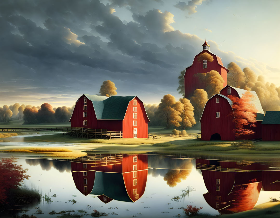 Tranquil rural landscape with red barn, silo, and pond at dusk