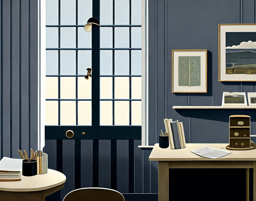 Cozy Study Room Illustration with Large Window and Desk