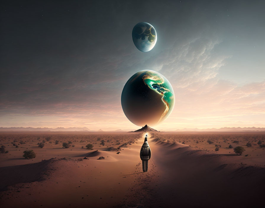 Surreal desert landscape with three planets and a cloaked figure