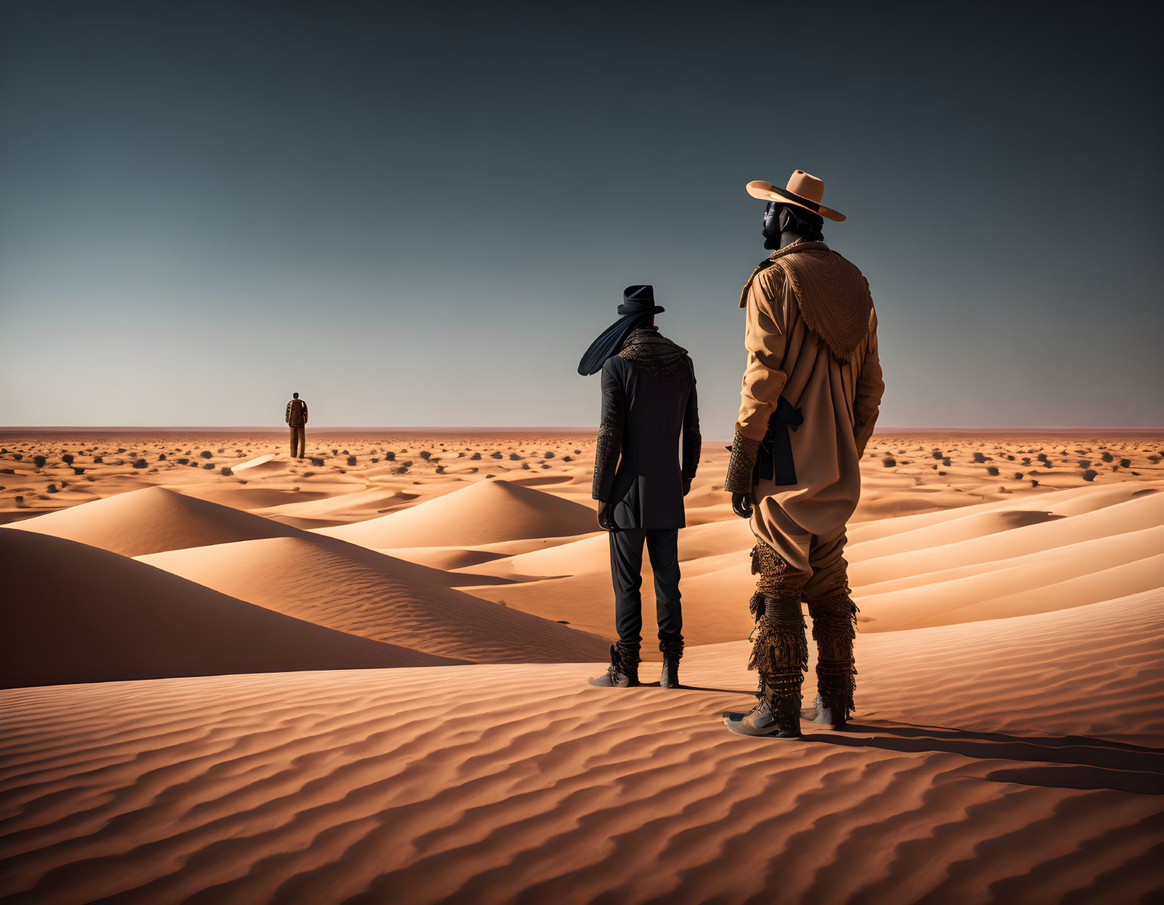 Cowboy hats and dusters in desert landscape with distant figure.