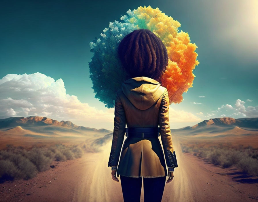 Vibrant tree-shaped afro in desert with colorful horizon clouds