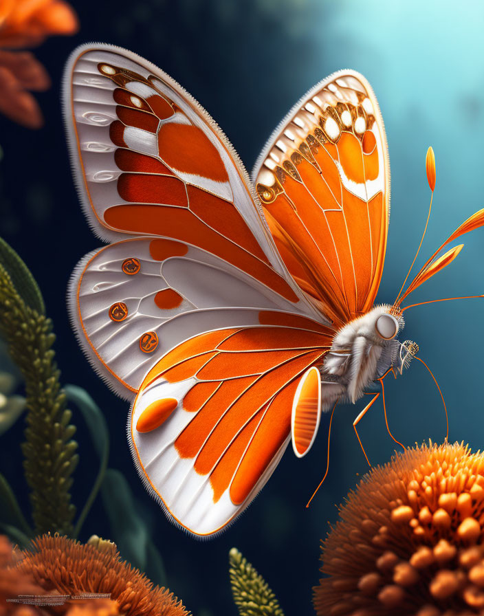 Orange and White Butterfly on Flower with Detailed Wings in Blurred Blue Background