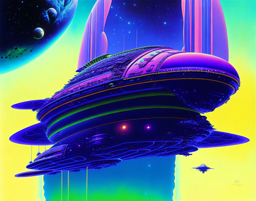 Colorful spacecraft with rings in vibrant sci-fi space.