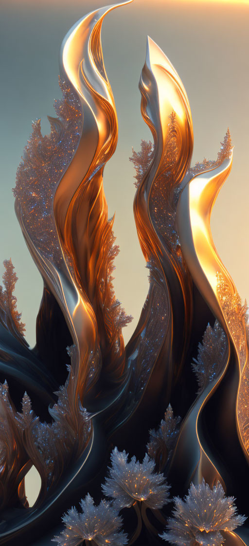 Gold and Orange Abstract Fractal Art with Tree-Like Structures