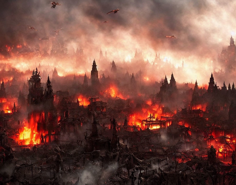Dystopian city engulfed in flames and chaos