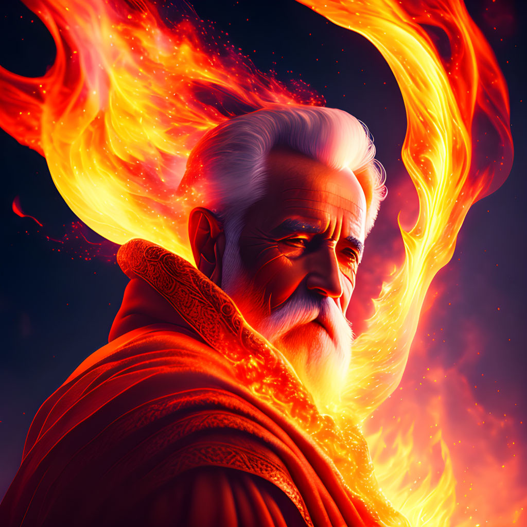 Elderly Man with White Hair and Beard in Orange and Red Flames