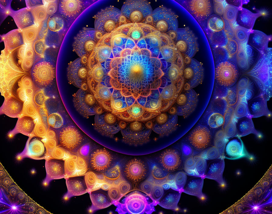 Blue and Gold Mandala Fractal with Glowing Accents
