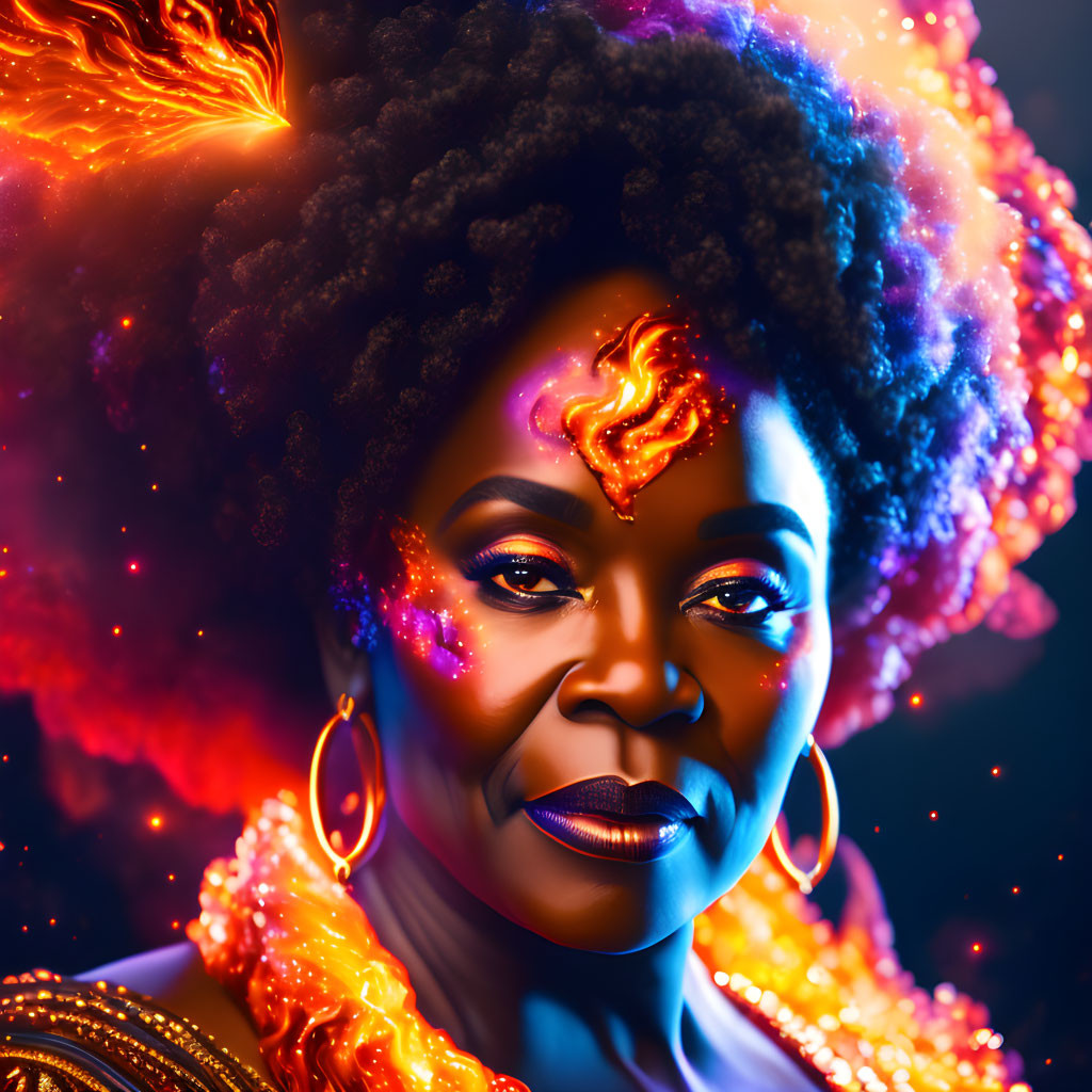 Colorful digital portrait of woman with afro-textured hair and fiery tones.