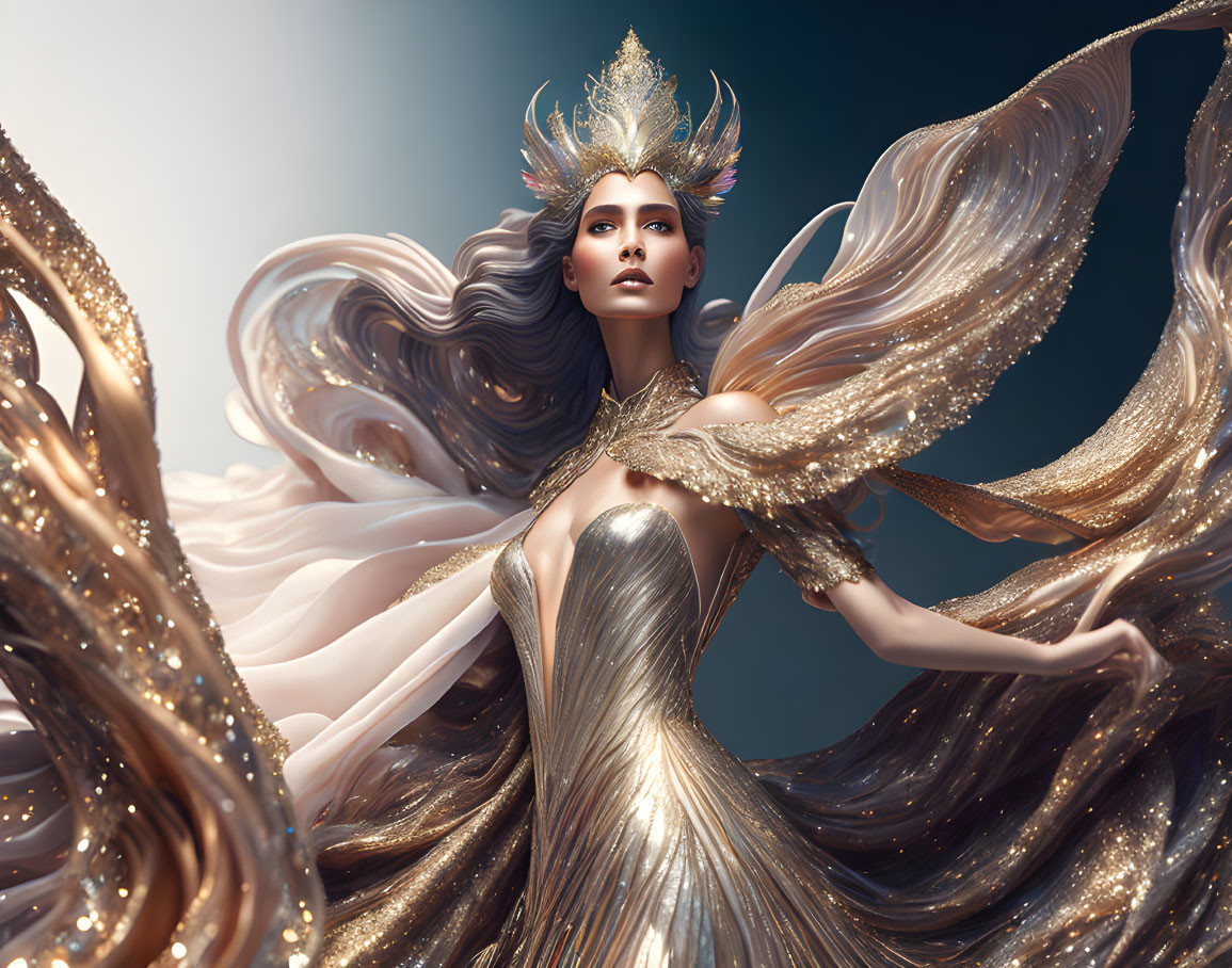 Ethereal woman in golden crown and dress on soft blue background