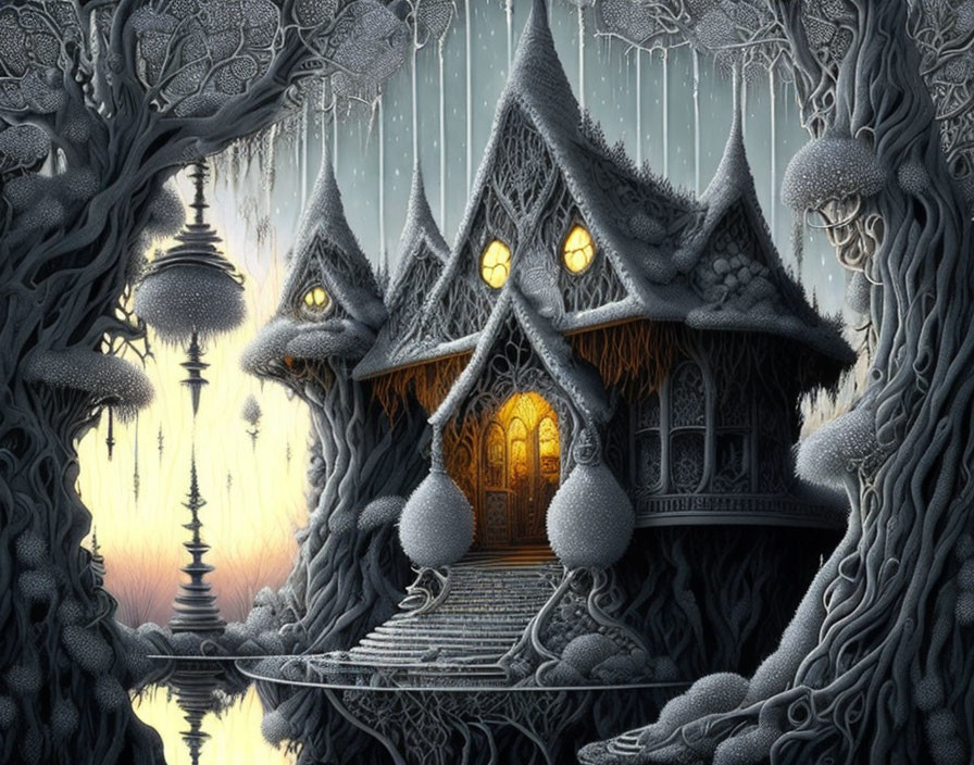 Fantasy House with Glowing Windows in Mystical Forest at Dusk