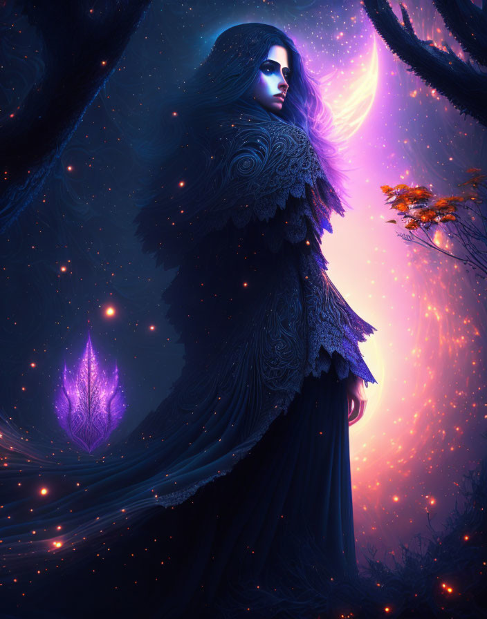 Mystical woman in dark cloak in glowing forest with purple leaf