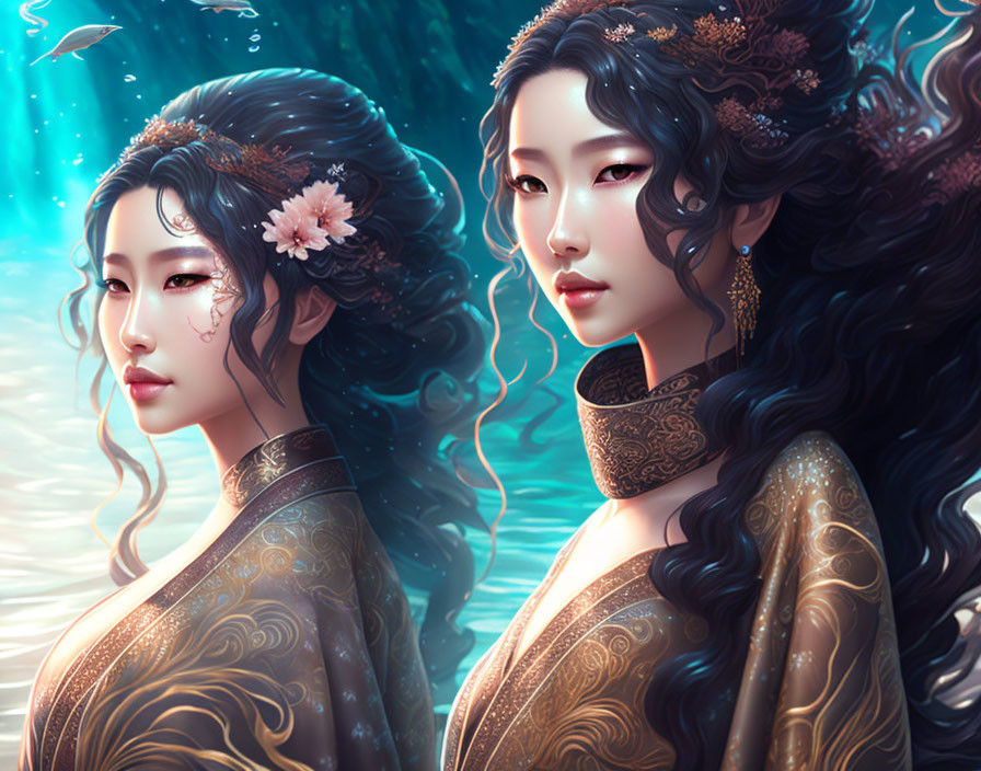 Ethereal women with intricate hairstyles in ornate garments against aquatic backdrop
