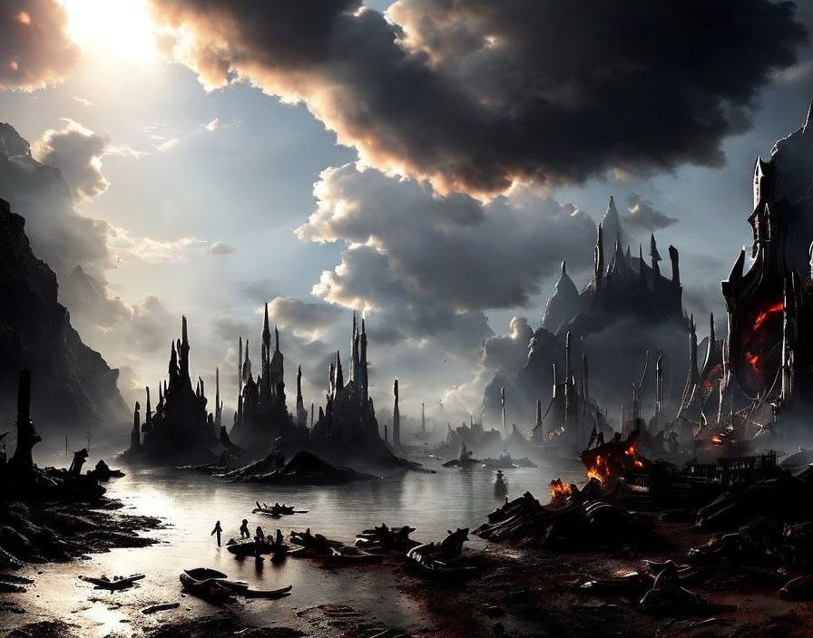 Dystopian landscape with dark clouds, sharp spires, and figures navigating water.
