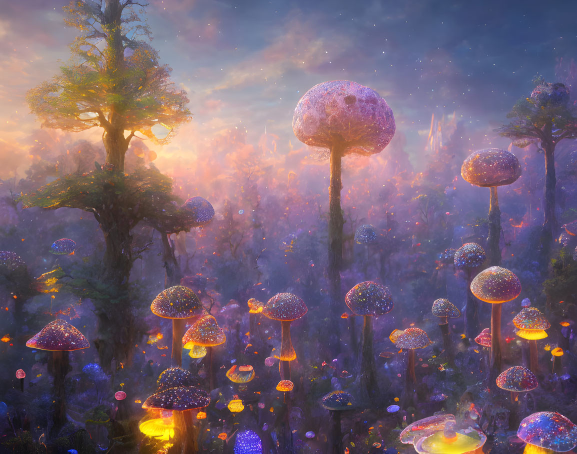Enchanting forest scene with oversized glowing mushrooms under starry sky