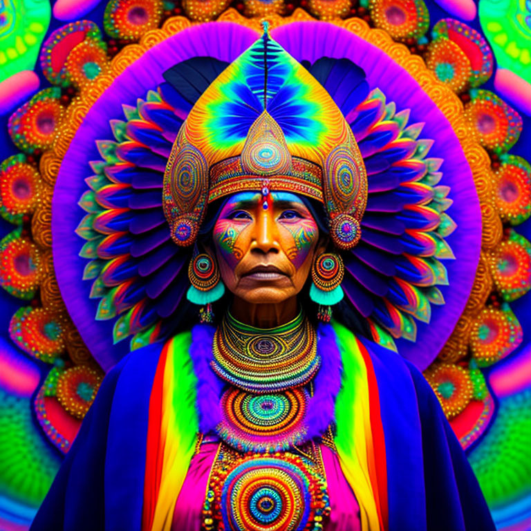 Colorful Indigenous Attire Portrait with Fractal Background