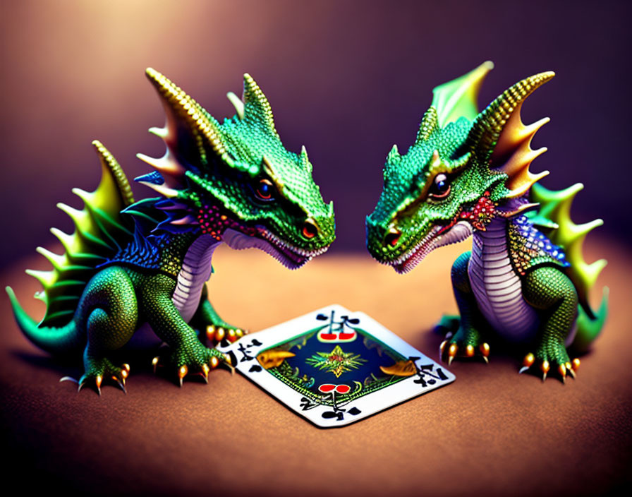 Colorful animated dragons with playing card on purplish background