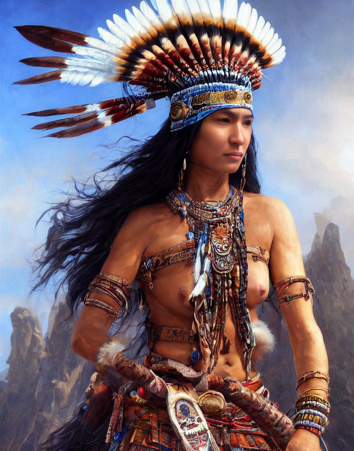 Elaborate Native American headdress with feathers and beadwork against mountain backdrop